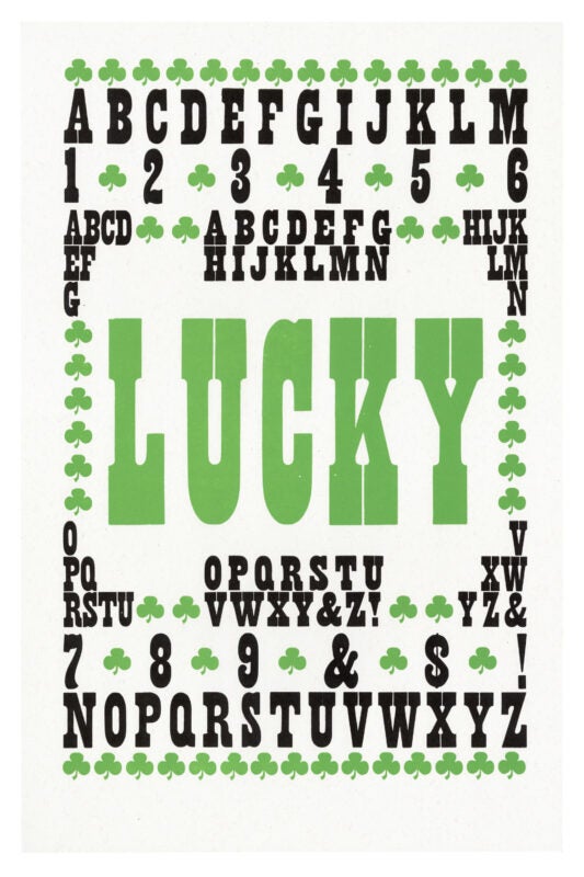 letterpress print wood type specimen from the Rob Roy Kelly American Wood Type Collection Folio Revisited, lowercase and uppercase letters, framed by ornaments printed in two layers using black and green ink