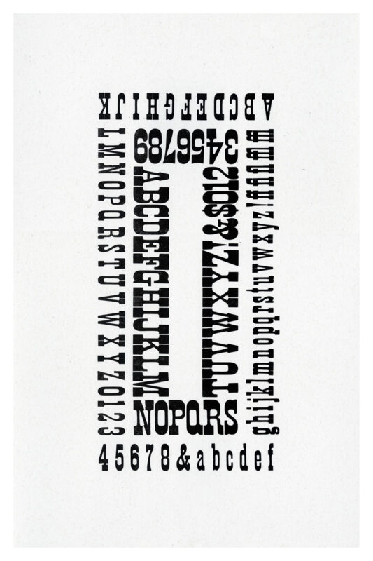 letterpress print specimen of wood type from the Rob Roy Kelly American Wood Type Collection Folio Revisited, two nested elongated rectangles of black letters going around the perimeter of the shape