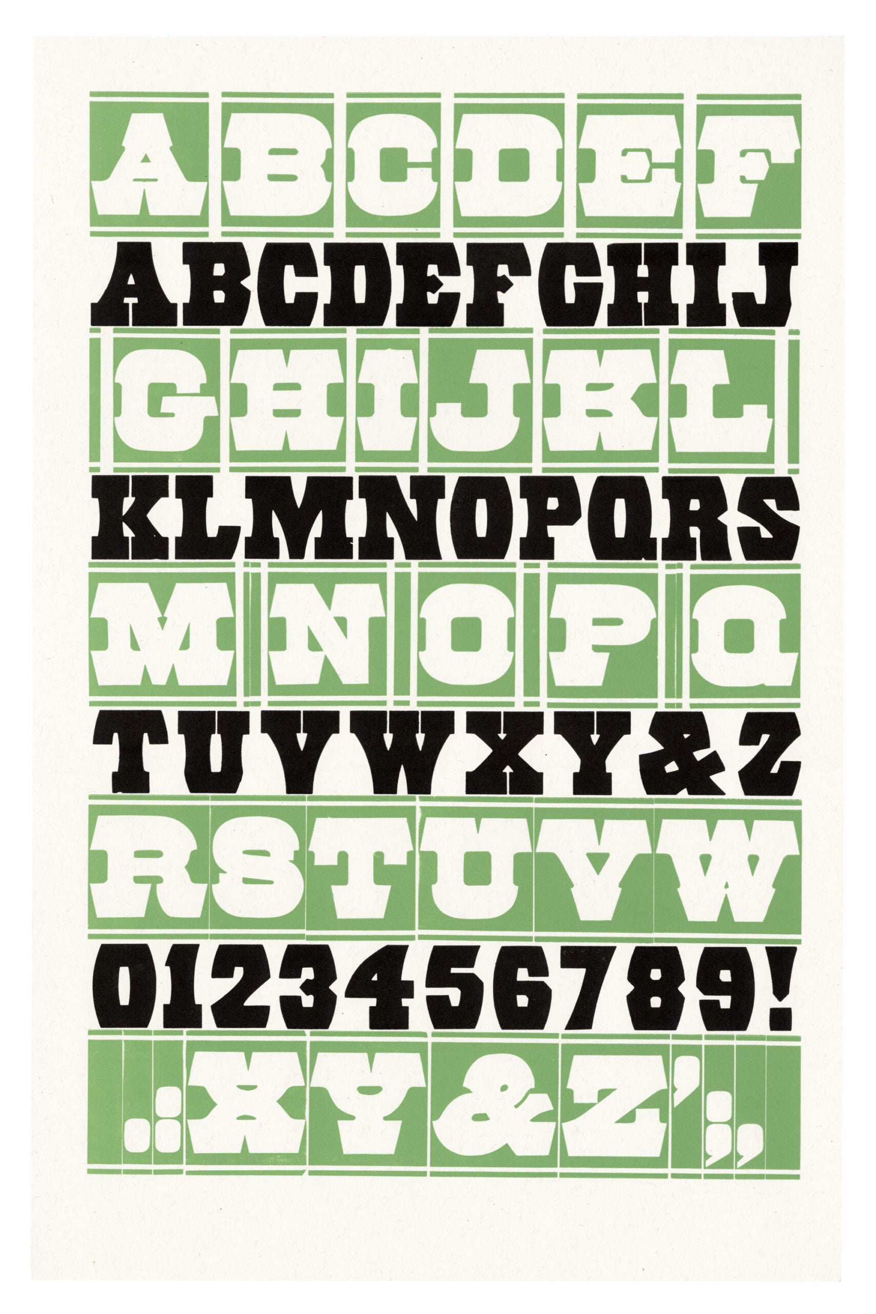 letterpress print wood type specimen from the Rob Roy Kelly American Wood Type Collection Folio Revisited, uppercase letters and numbers printed in two layers using black and green ink