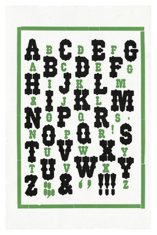 letterpress print specimen of wood type from the Rob Roy Kelly American Wood Type Collection Folio Revisited, large black and small green letters in a grid alternating between the two sizes with a green rectangular border