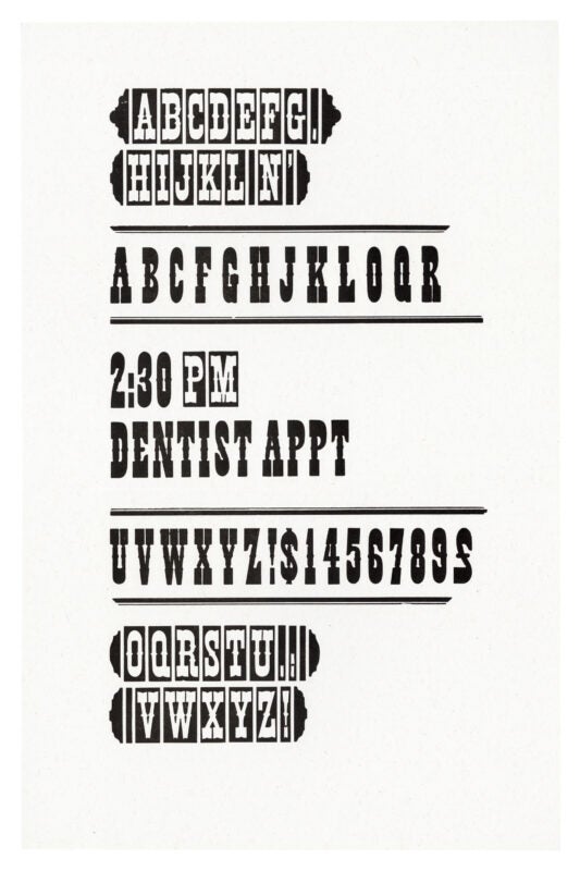 letterpress print wood type specimen from the Rob Roy Kelly American Wood Type Collection Folio Revisited, uppercase letters and numbers printed in a single layer using black ink