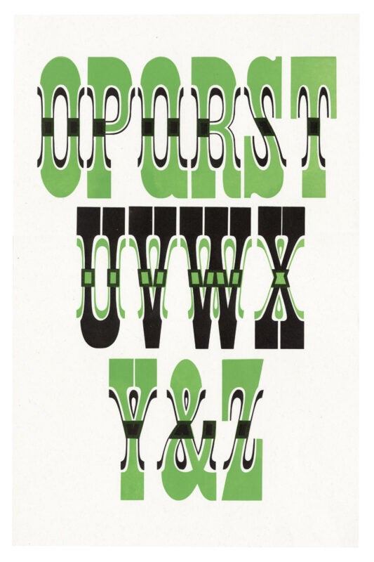letterpress print wood type specimen from the Rob Roy Kelly American Wood Type Collection Folio Revisited, uppercase letters printed in two overlapping layers using black and green ink