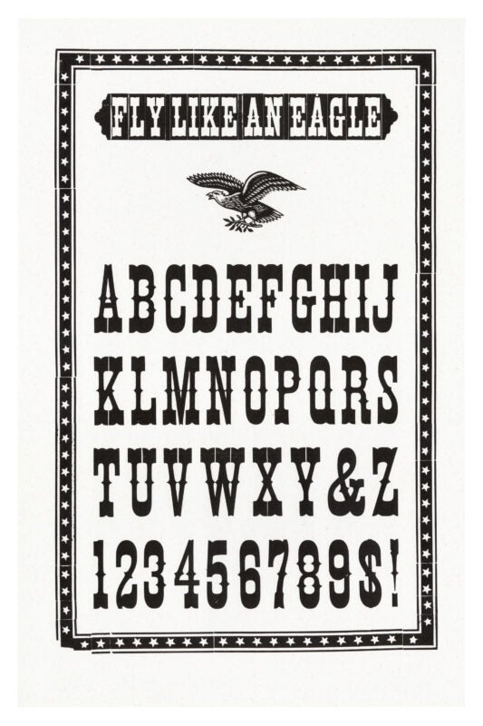letterpress print wood type specimen from the Rob Roy Kelly American Wood Type Collection Folio Revisited, lowercase and uppercase letters, framed by ornaments & borders printed in a single layer using black ink