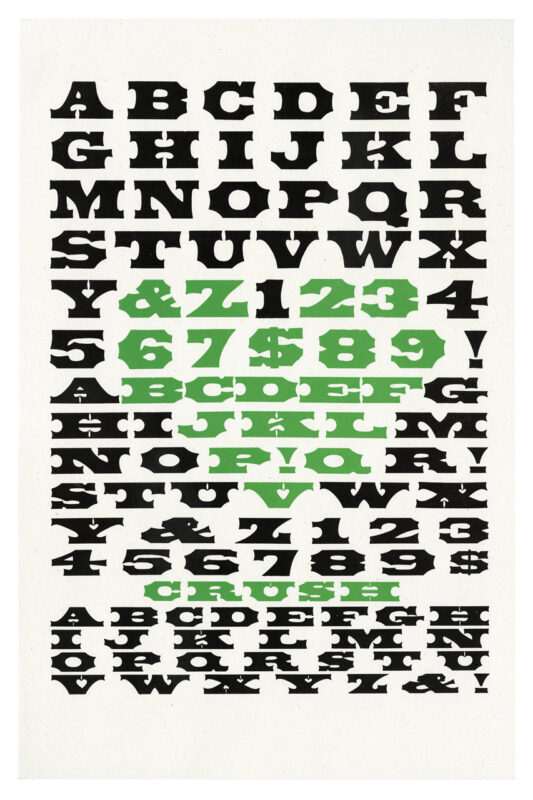 letterpress print specimen of wood type from the Rob Roy Kelly American Wood Type Collection Folio Revisited, very expanded black and green letters with the green letters in the shape of a heart and word crush and the black letter surrounding them