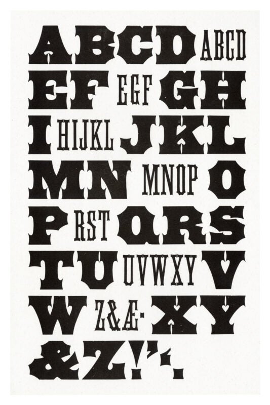 letterpress print wood type specimen from the Rob Roy Kelly American Wood Type Collection Folio Revisited, uppercase letters printed in a single layer using black ink