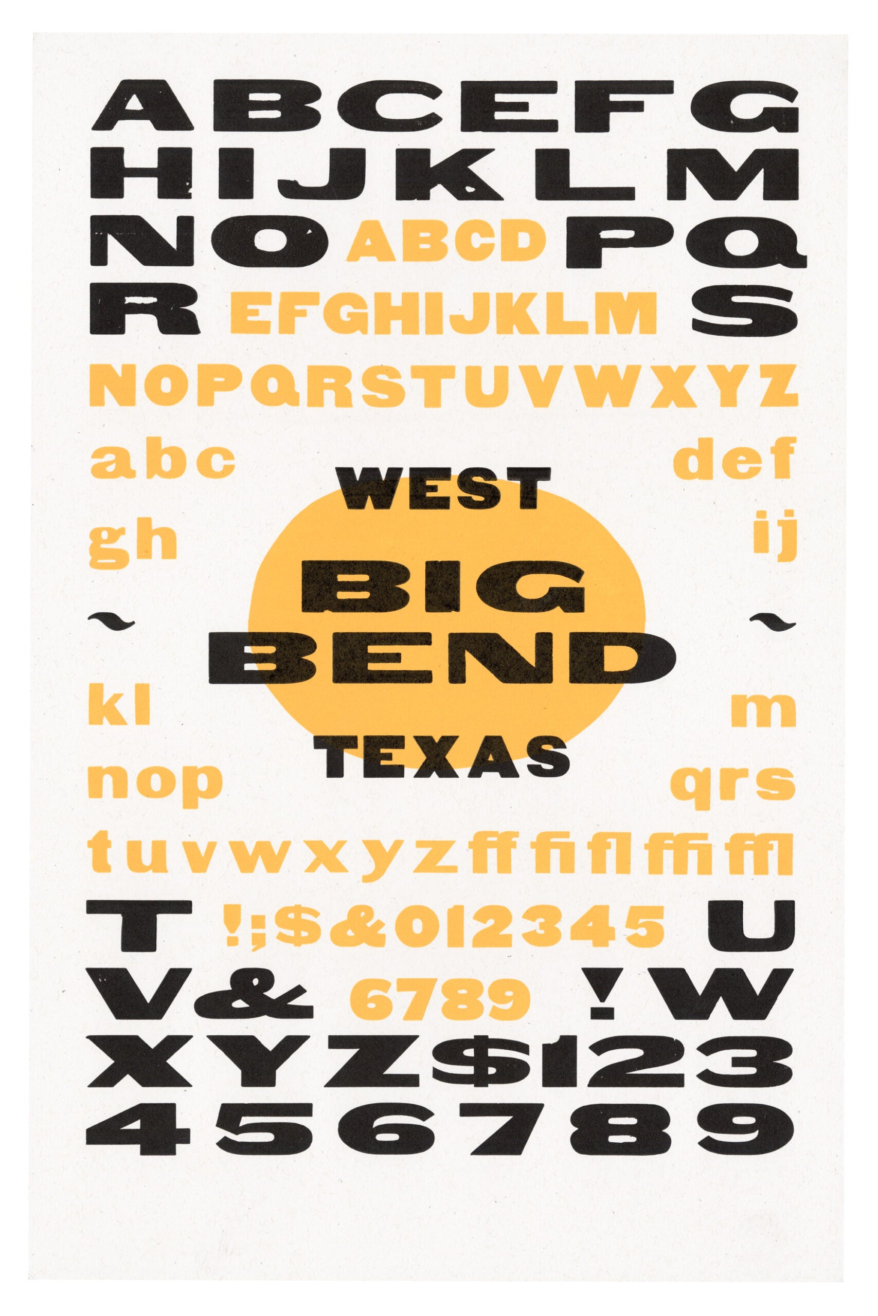 letterpress print wood type specimen from the Rob Roy Kelly American Wood Type Collection Folio Revisited, lowercase and uppercase letters, printed in two overlapping layers using black and yellow ink
