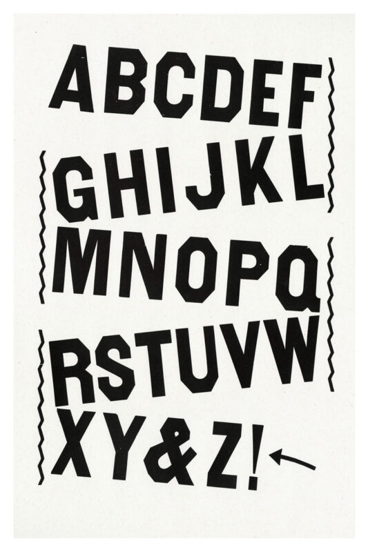 letterpress print specimen of wood type from the Rob Roy Kelly American Wood Type Collection Folio Revisited, large black letters in a zig zag formation going down the page
