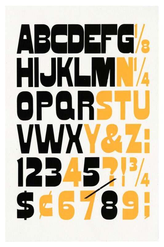letterpress print specimen of wood type from the Rob Roy Kelly American Wood Type Collection Folio Revisited, chunky black and yellow letters filling the whole page split diagonally by color