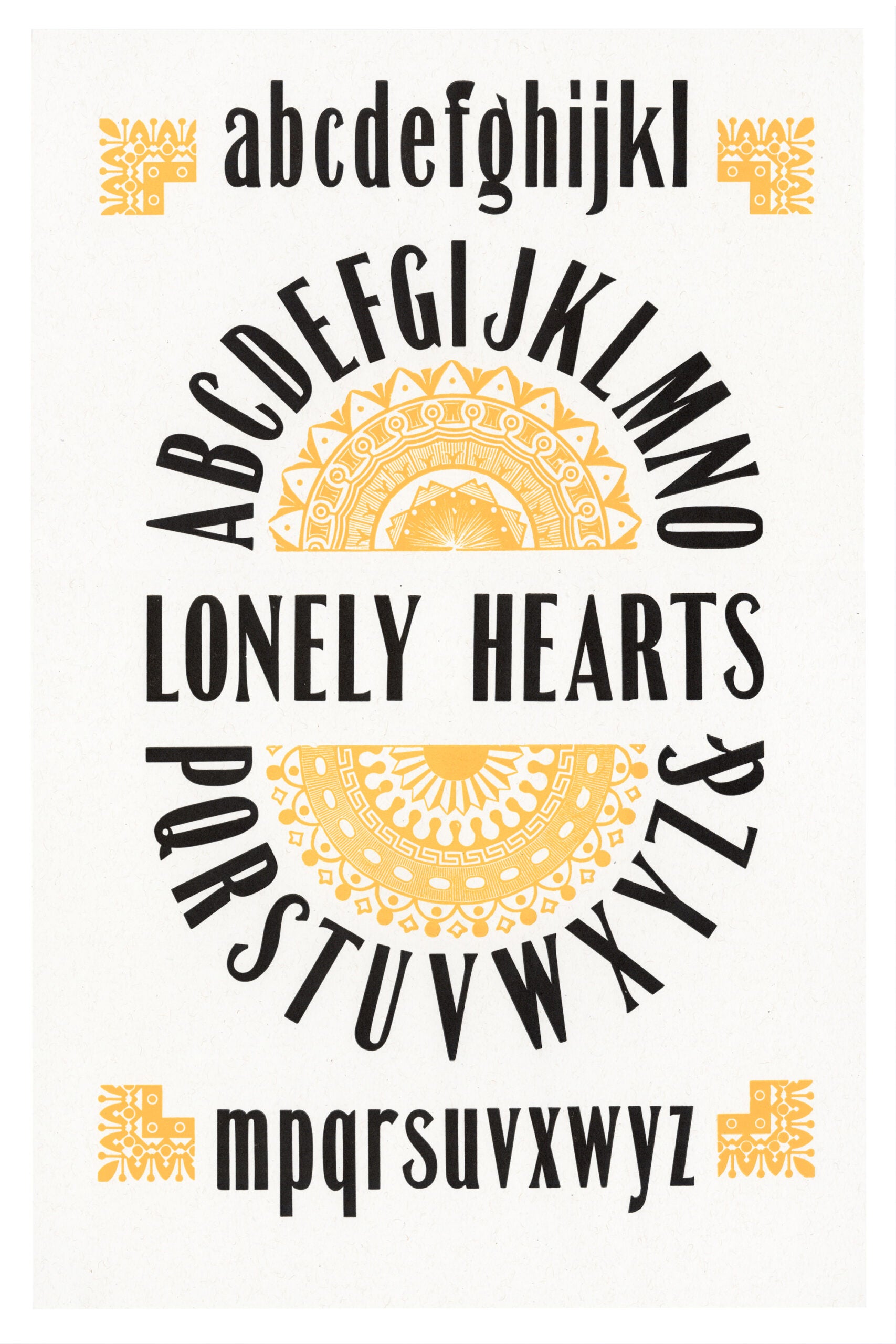 letterpress print wood type specimen from the Rob Roy Kelly American Wood Type Collection Folio Revisited, lowercase and uppercase letters, printed in two overlapping layers using black and yellow ink