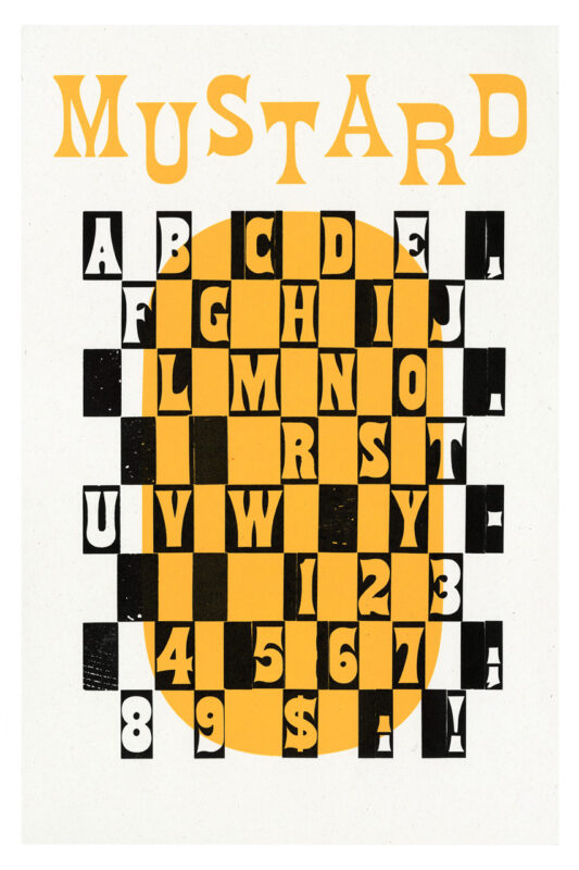 letterpress print specimen of wood type from the Rob Roy Kelly American Wood Type Collection Folio Revisited, yellow oval layered under black type in a checkerboard grid and the word mustard in yellow