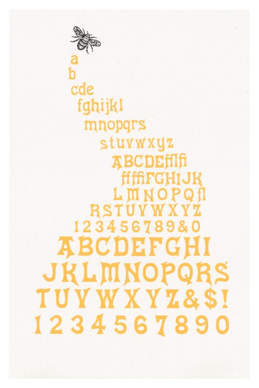 letterpress print wood type specimen from the Rob Roy Kelly American Wood Type Collection Folio Revisited, lowercase and uppercase letters, printed in two layers using black and yellow ink