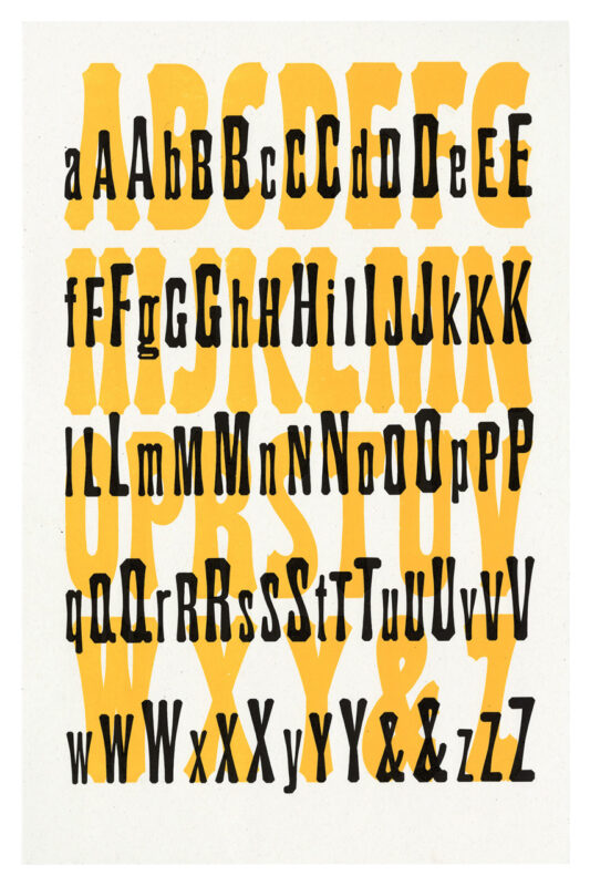 letterpress print specimen of wood type from the Rob Roy Kelly American Wood Type Collection Folio Revisited, rows of large yellow type filling up whole page layered under black rows of type of three different sizes in alphabetical order so it creates a wave-like visual