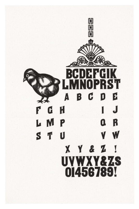 letterpress print wood type specimen from the Rob Roy Kelly American Wood Type Collection Folio Revisited, lowercase and uppercase letters, printed in a single layer using black ink