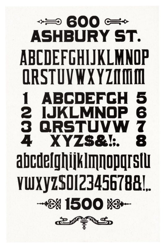 letterpress print wood type specimen from the Rob Roy Kelly American Wood Type Collection Folio Revisited, lowercase and uppercase letters, framed by ornaments printed in a single layer using black ink