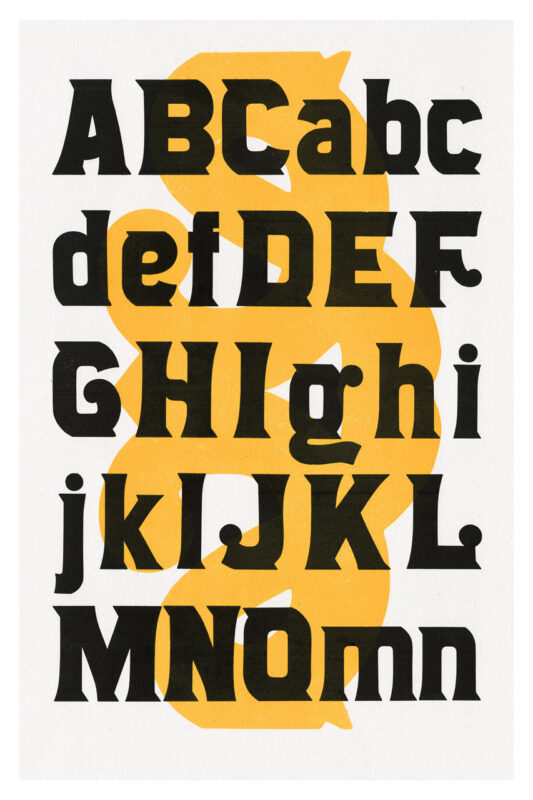 letterpress print specimen of wood type from the Rob Roy Kelly American Wood Type Collection Folio Revisited, large abstract yellow shape behind black letters across two pages