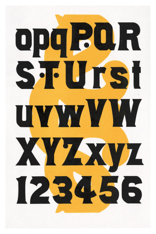 letterpress print specimen of wood type from the Rob Roy Kelly American Wood Type Collection Folio Revisited, large abstract yellow shape behind black letters across two pages