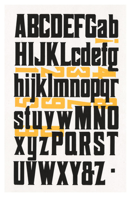 letterpress print specimen of wood type from the Rob Roy Kelly American Wood Type Collection Folio Revisited, black alphabet with yellow numbers laying sideways sandwiched in between the rows