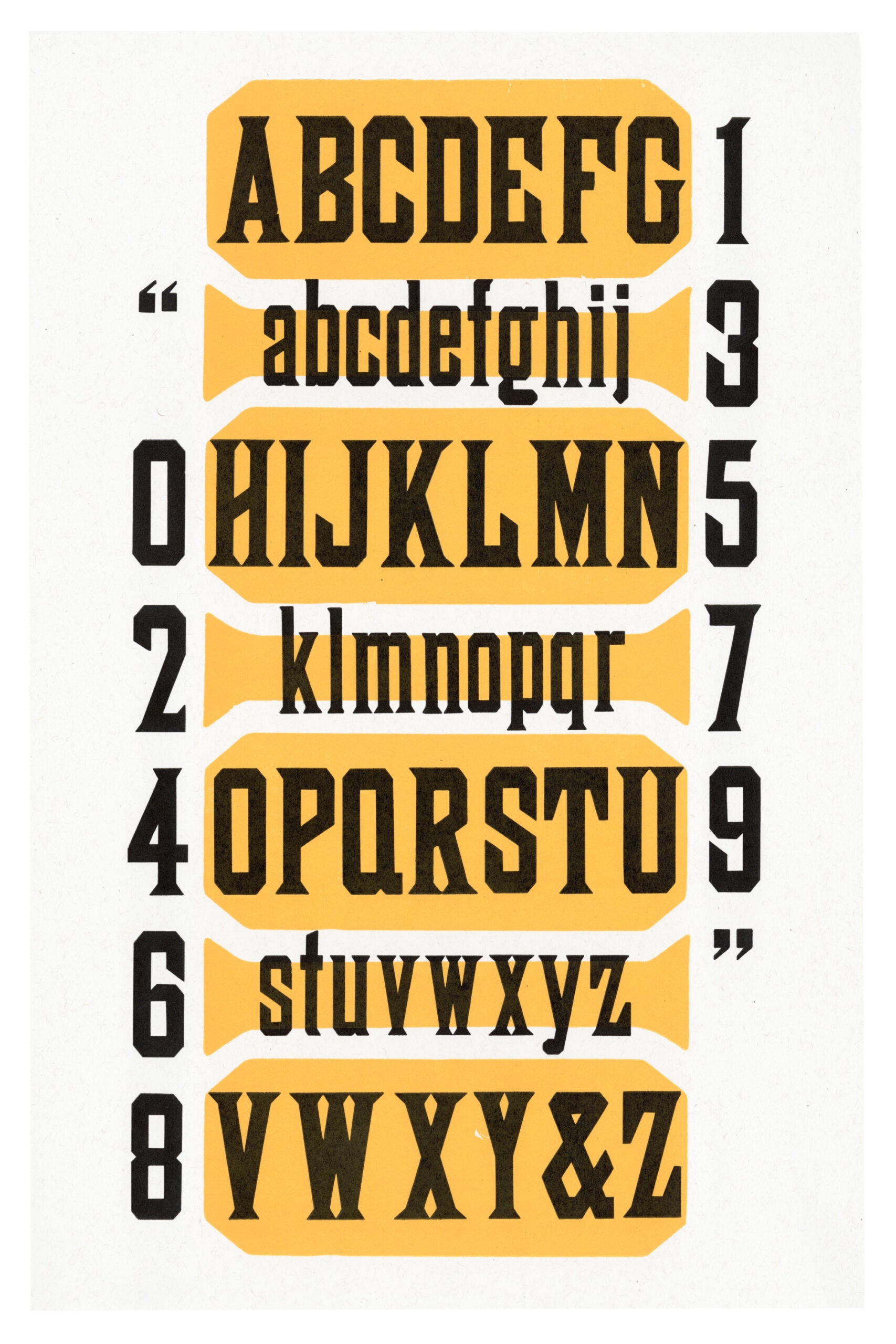 letterpress print wood type specimen from the Rob Roy Kelly American Wood Type Collection Folio Revisited, lowercase and uppercase letters, printed in two overlapping layers using black and yellow ink
