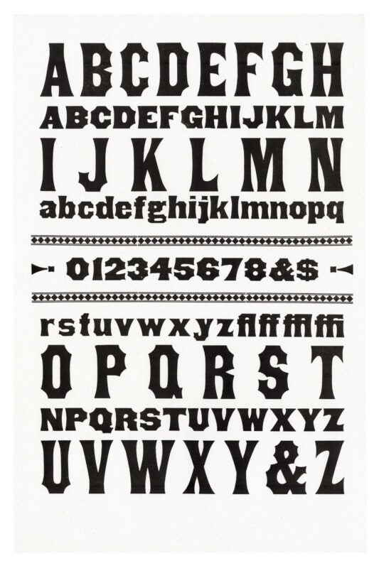 letterpress print wood type specimen from the Rob Roy Kelly American Wood Type Collection Folio Revisited, lowercase and uppercase letters, framed by ornaments printed in a single layer using black ink