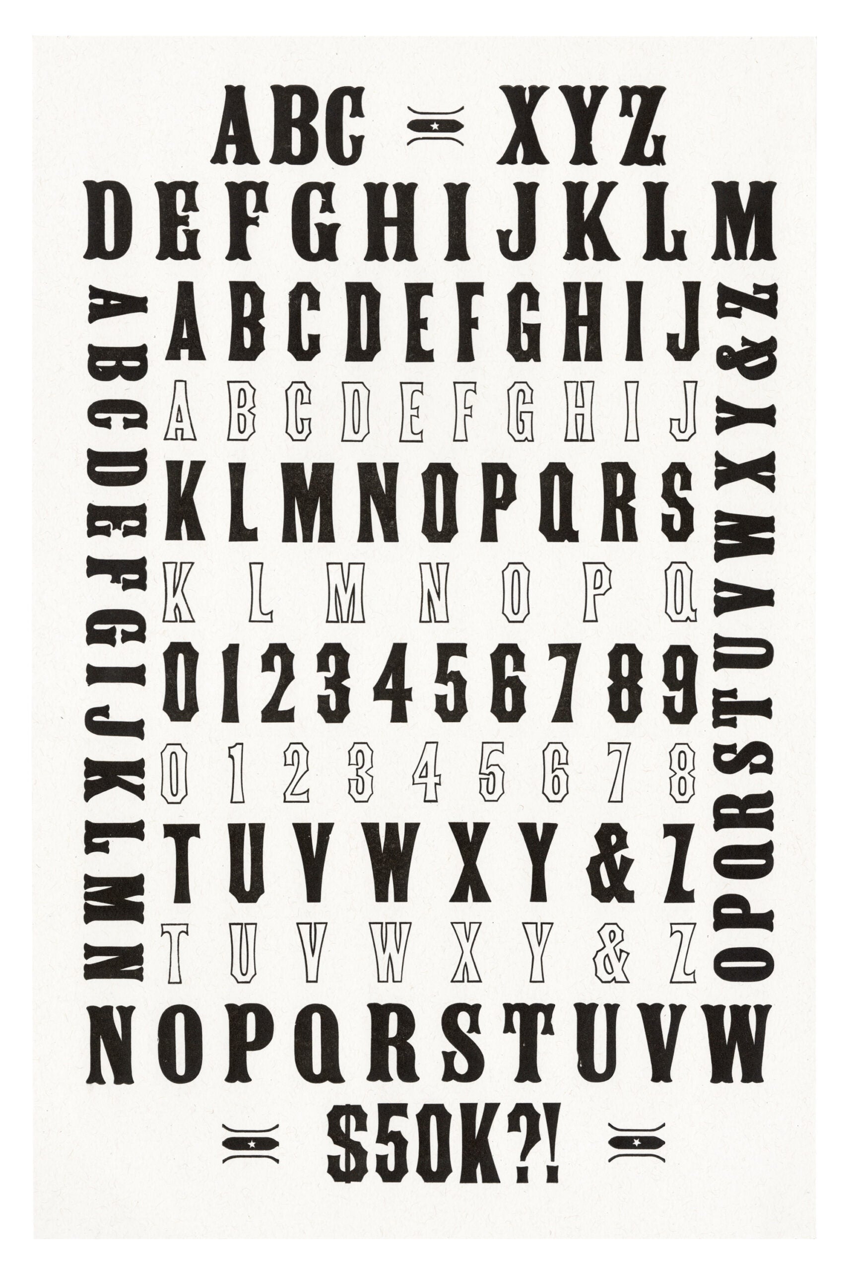 letterpress print wood type specimen from the Rob Roy Kelly American Wood Type Collection Folio Revisited, uppercase letters and numbers printed in a single layer using black ink