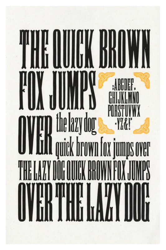 letterpress print specimen of wood type from the Rob Roy Kelly American Wood Type Collection Folio Revisited, narrow black letters in a newspaper-like layout with callout frame corners printed in yellow