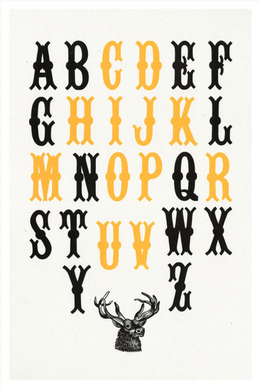 letterpress print specimen of wood type from the Rob Roy Kelly American Wood Type Collection Folio Revisited, black and yellow letters creating the shape of antlers and a stag head image under the letters