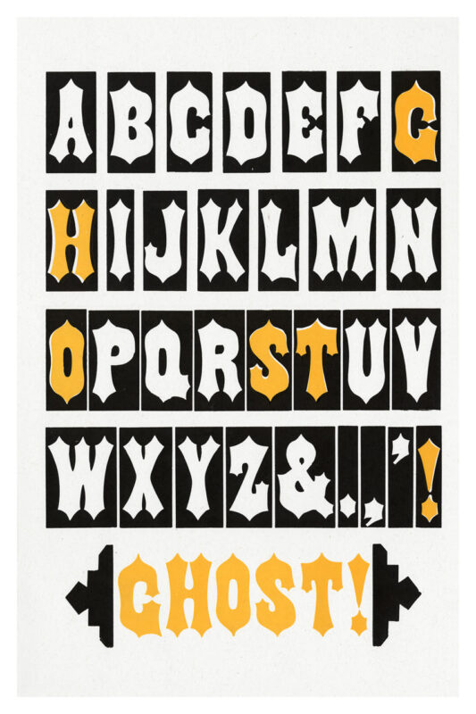 letterpress print specimen of wood type from the Rob Roy Kelly American Wood Type Collection Folio Revisited, black and yellow letters layered on top each other with the word ghost! called out twice in yellow