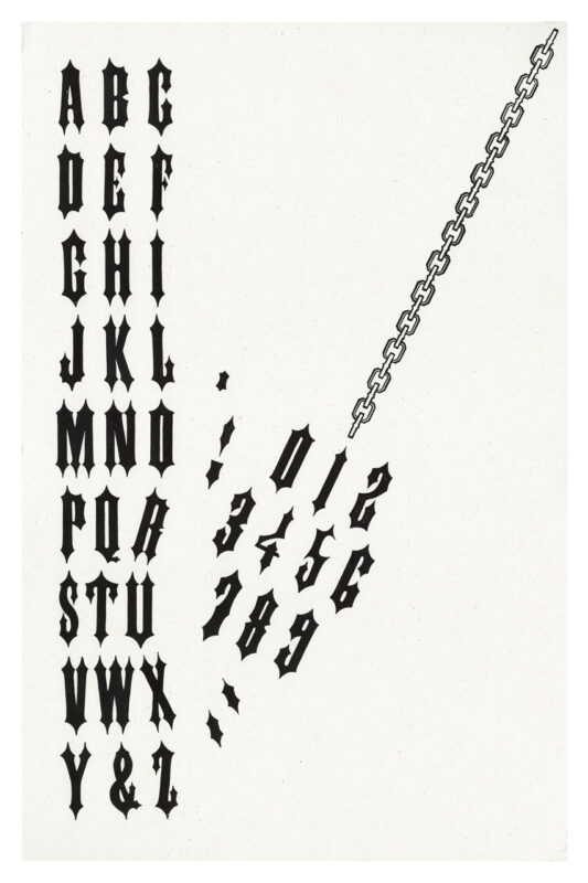 letterpress print specimen of wood type from the Rob Roy Kelly American Wood Type Collection Folio Revisited, black letters in a narrow column and numbers in the shape of a cannonball hitting the column and knocking things out of place