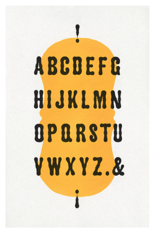 letterpress print specimen of wood type from the Rob Roy Kelly American Wood Type Collection Folio Revisited, yellow abstract shape layered behind a black alphabet
