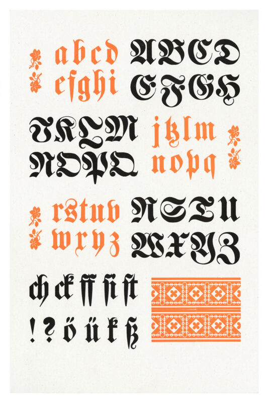 letterpress print specimen of wood type from the Rob Roy Kelly American Wood Type Collection Folio Revisited, groups of orange letters and black letters alternating to form a checkerboard shape and a decorative border