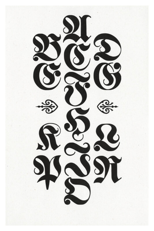 letterpress print specimen of wood type from the Rob Roy Kelly American Wood Type Collection Folio Revisited, black script letters arranged in the shape of a figure eight or two circles stacked