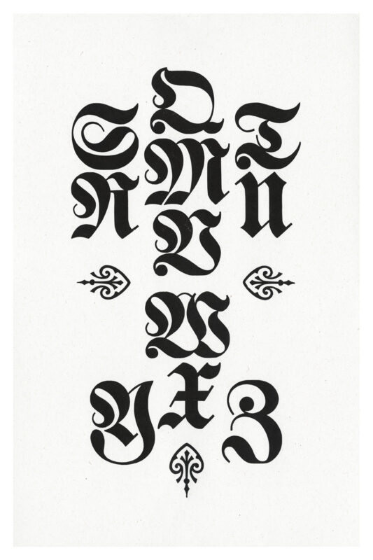 letterpress print specimen of wood type from the Rob Roy Kelly American Wood Type Collection Folio Revisited, black script letters arranged in the shape of a figure eight or two circles stacked