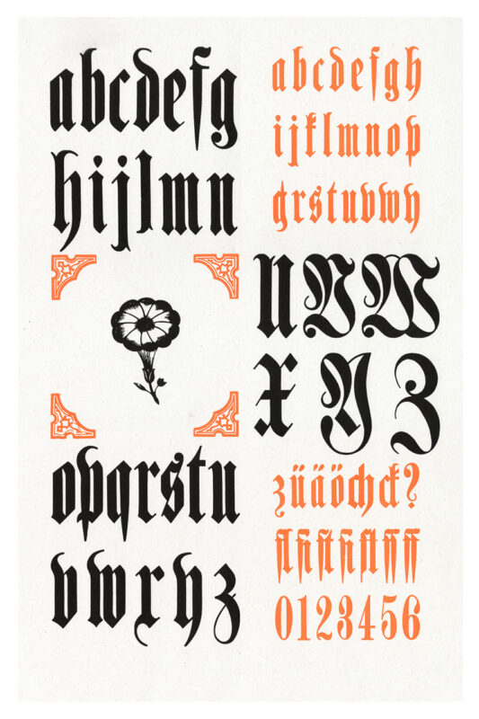 letterpress print specimen of wood type from the Rob Roy Kelly American Wood Type Collection Folio Revisited, groups of orange and black letters arranged to create a checkerboard pattern with a flower image