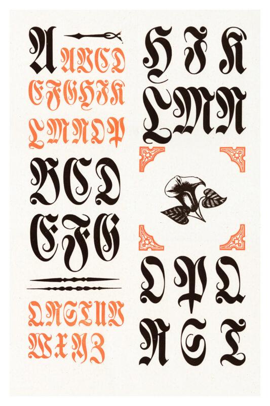 letterpress print specimen of wood type from the Rob Roy Kelly American Wood Type Collection Folio Revisited, groups of orange and black letters arranged to create a checkerboard pattern with a flower image