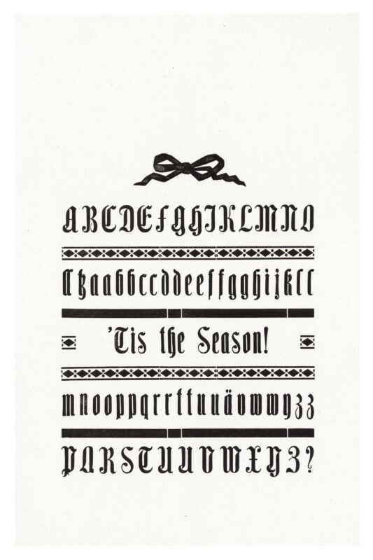 letterpress print wood type specimen from the Rob Roy Kelly American Wood Type Collection Folio Revisited, lowercase and uppercase letters, framed by ornaments printed in a single layer using black ink