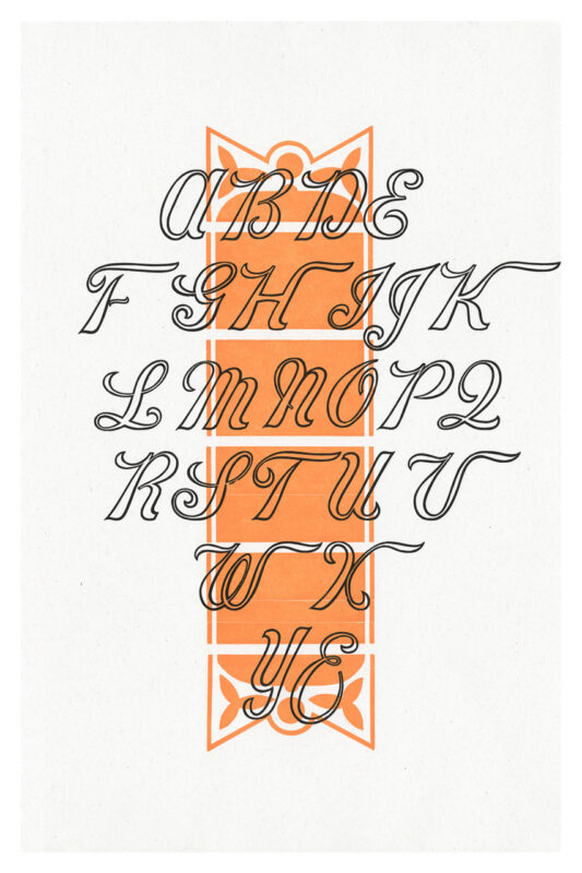letterpress print specimen of wood type from the Rob Roy Kelly American Wood Type Collection Folio Revisited, black hollow brush script letters layered on top of orange border pieces and a dove image
