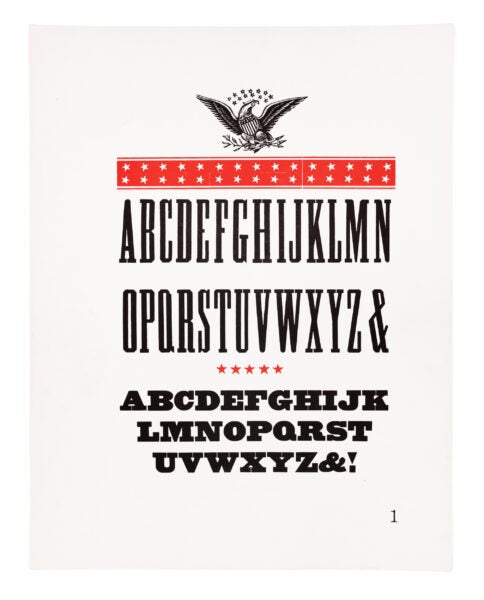 two antique-style typefaces are printed in black on white paper. An image of an eagle sits at the top of the page, and borders and stars are printed in red