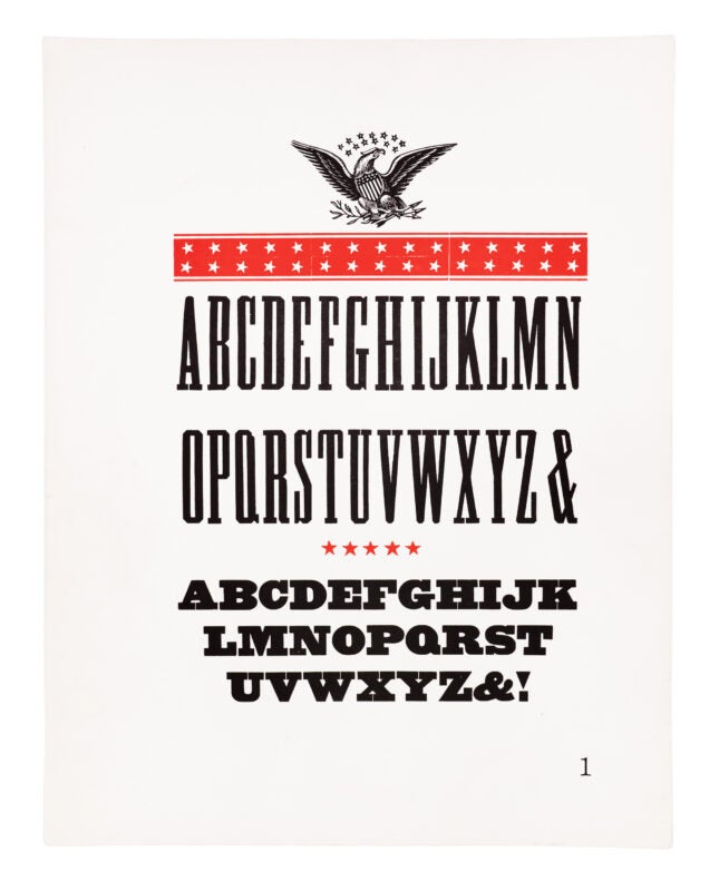 two antique-style typefaces are printed in black on white paper. An image of an eagle sits at the top of the page, and borders and stars are printed in red