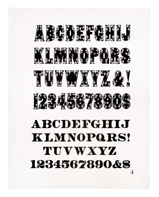 Ornate gothic style typeface and a roman style typeface printed in black on white paper