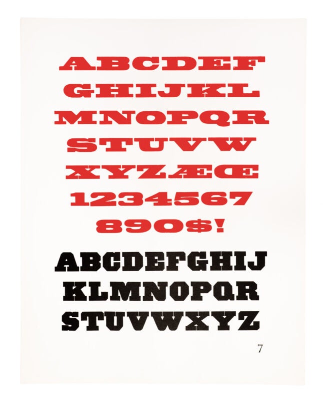 alt: Antique style letters and numbers are printed in red atop another antique typeface in black on white paper