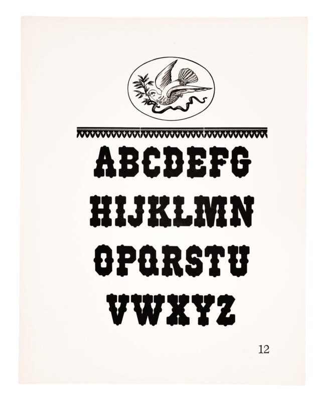 alt: An oval shaped ornament containing a bird sits atop an ornamented border and an antique style typeface. Printed in black on white paper