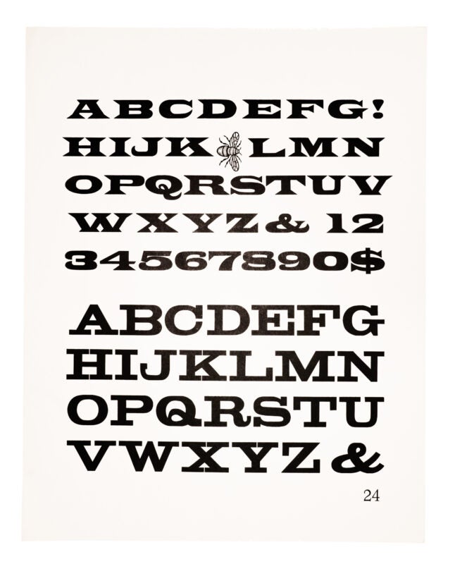 Two antique typefaces and a bee ornament, printed in black ink on white paper.