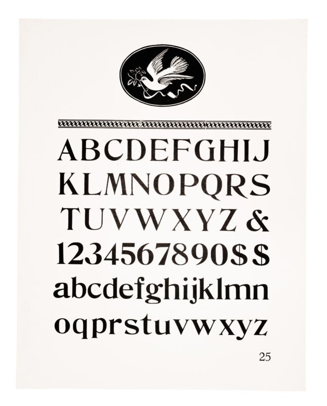An oval shaped ornament containing a bird sits atop an ornamented border and a roman style typeface. Printed in black on white paper