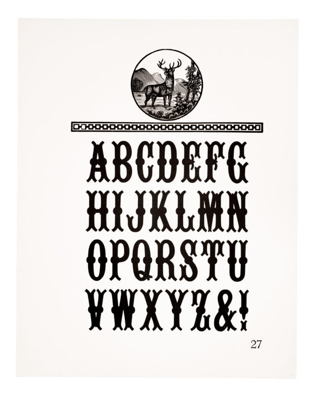 A circle shaped ornament containing a deer and scenery sits atop an ornamented chain border and a gothic style typeface. Printed in black on white paper