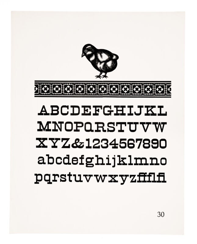 An image of chickens sits atop a tiled border and an antique style typeface