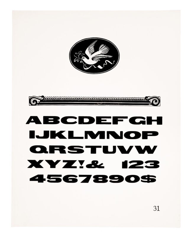 An oval shaped ornament containing a bird sits atop an ornamented border and a gothic style typeface. Printed in black on white paper.