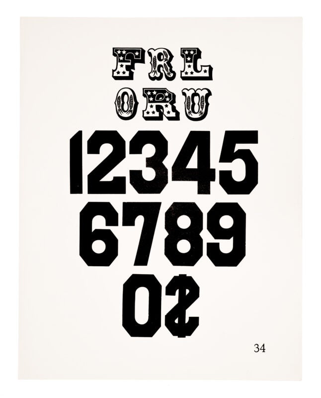 “F, R, L, O, R, U” in an ornamental typeface printed above. Below, “0-9” & “$” printed in a gothic style linear typeface. Printed in black on white paper.