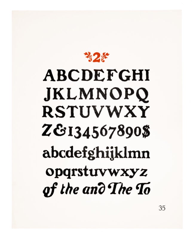 A “2” sits atop with floral ornaments either side, printed in red on white paper. A roman style typeface printed in black on white paper.