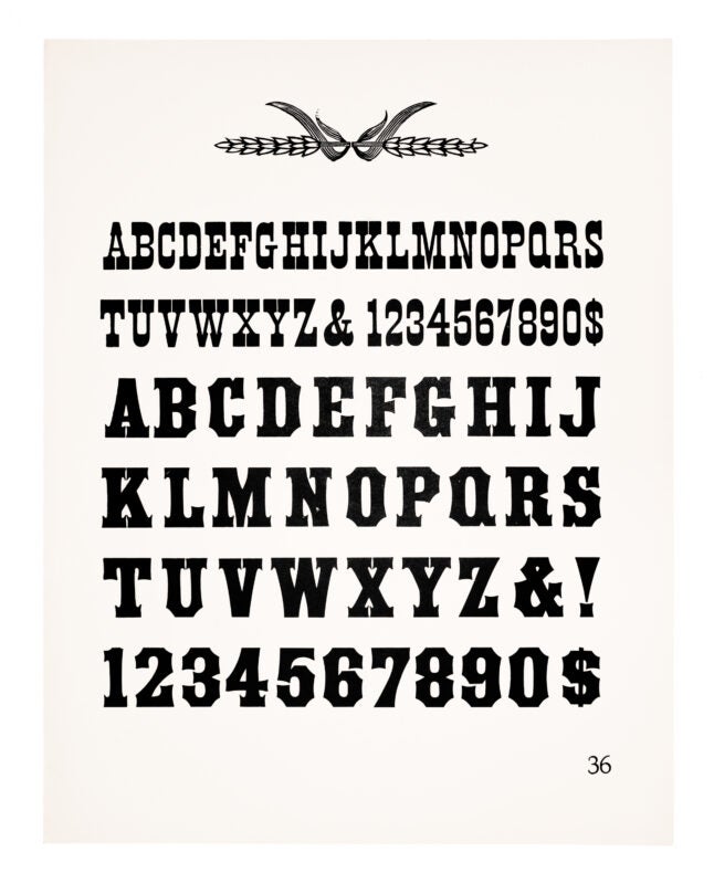 An ornament resembling wheat sits atop. An antique typeface sits below. Printed in black on white paper.