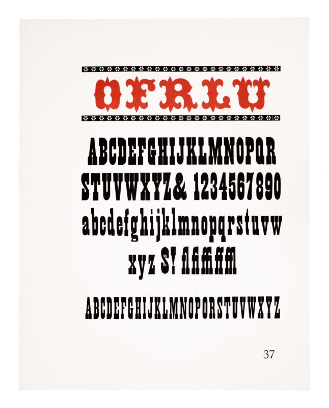 Two lines of an ornamental border printed in black on white paper, above and below “O, F, R, L, U” in a large ornamental antique font printed in red on white paper. An antique font is printed below in black on white paper.